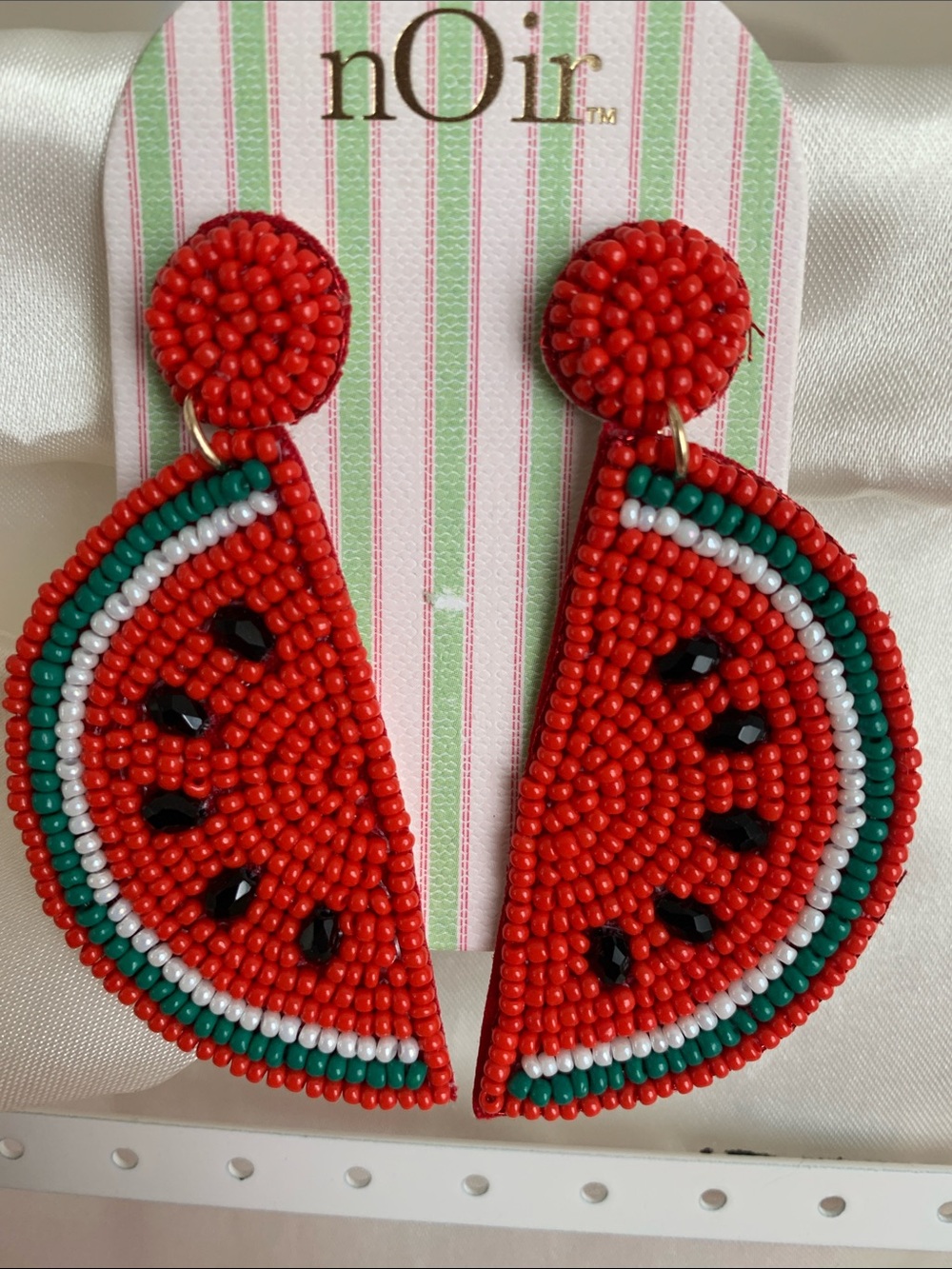 nOir Jewelry Red Green White Seed Bead Watermelon Slice Earrings